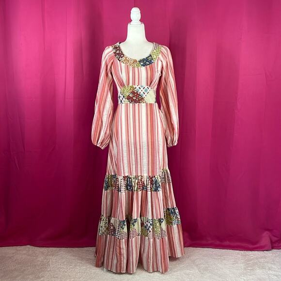 Vintage 70s this is Yours peppermint stripe patchwork boho tiered maxi dress, 9 - Picture 1 of 11